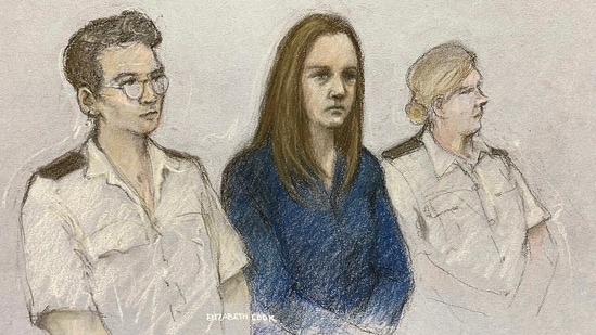 This court artist drawing by Elizabeth Cook from Aug. 10, 2023 shows of nurse Lucy Letby at Manchester Crown Court in Manchester, England. A neonatal nurse in a British hospital has been found guilty of killing seven babies and trying to kill six others. Lucy Letby was charged with murder in the deaths of five baby boys and two girls, and the attempted murder of five boys and five girls, when she worked at the Countess of Chester Hospital in northwest England between 2015 and 2016. (Elizabeth Cook/PA via AP)(AP)