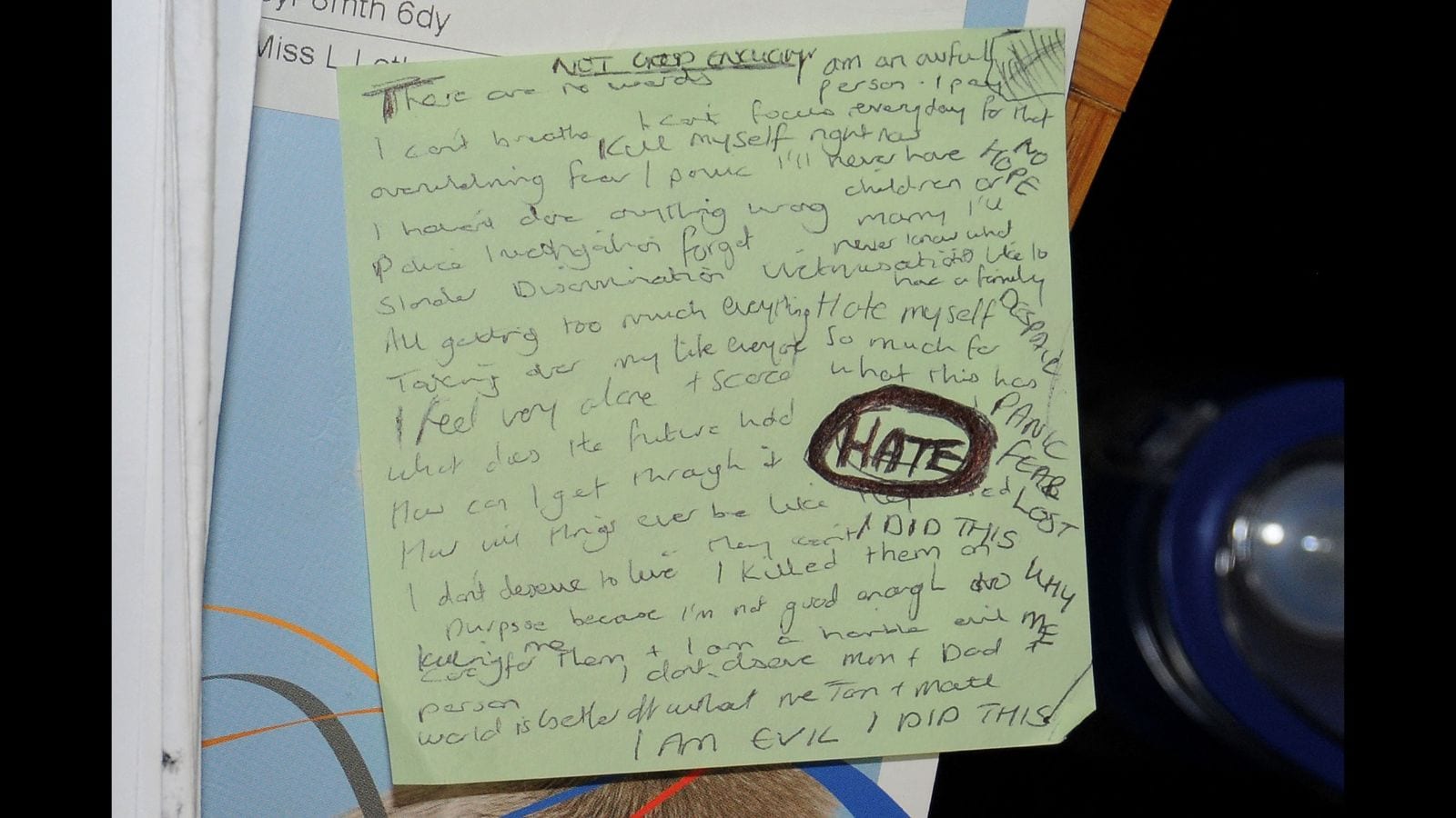 An undated handout image released by Cheshire Constabulary police force in Manchester on August 17, 2023, shows a hand-written note alongside the 2016 Diary of nurse Lucy Letby (Photo by Cheshire Constabulary / AFP)