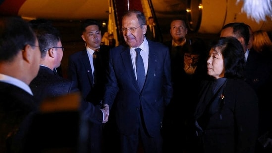 Russian Foreign Minister Sergei Lavrov takes part in a welcoming ceremony upon his arrival in Pyongyang.(Reuters)