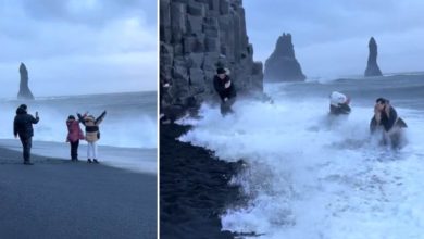 Tourists nearly swept out to sea by ‘sneaker waves’ as they posed for photo on Iceland’s most dangerous beach: Watch