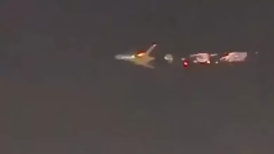 Video: Mid-air horror as US Boeing cargo plane's engine catches fire