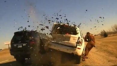 Horrifying video shows Oklahoma highway trooper flying through the air after being hit by speeding car