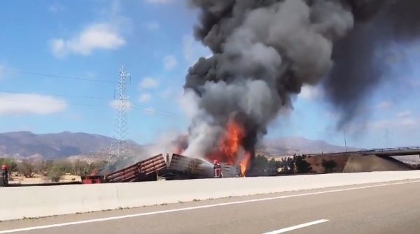 Fire on the Road between Marrakech and Agadir: A Truck Devastated by Flames 
