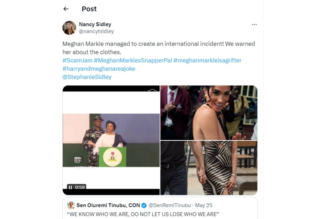 A tweet shared by Nancy Sidley on May 25 in response to the original post tweeted by the First Lady of Nigeria. (X/Twitter)