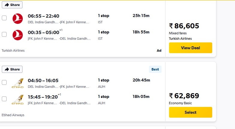 Cheap flights.com shows fare between India to US