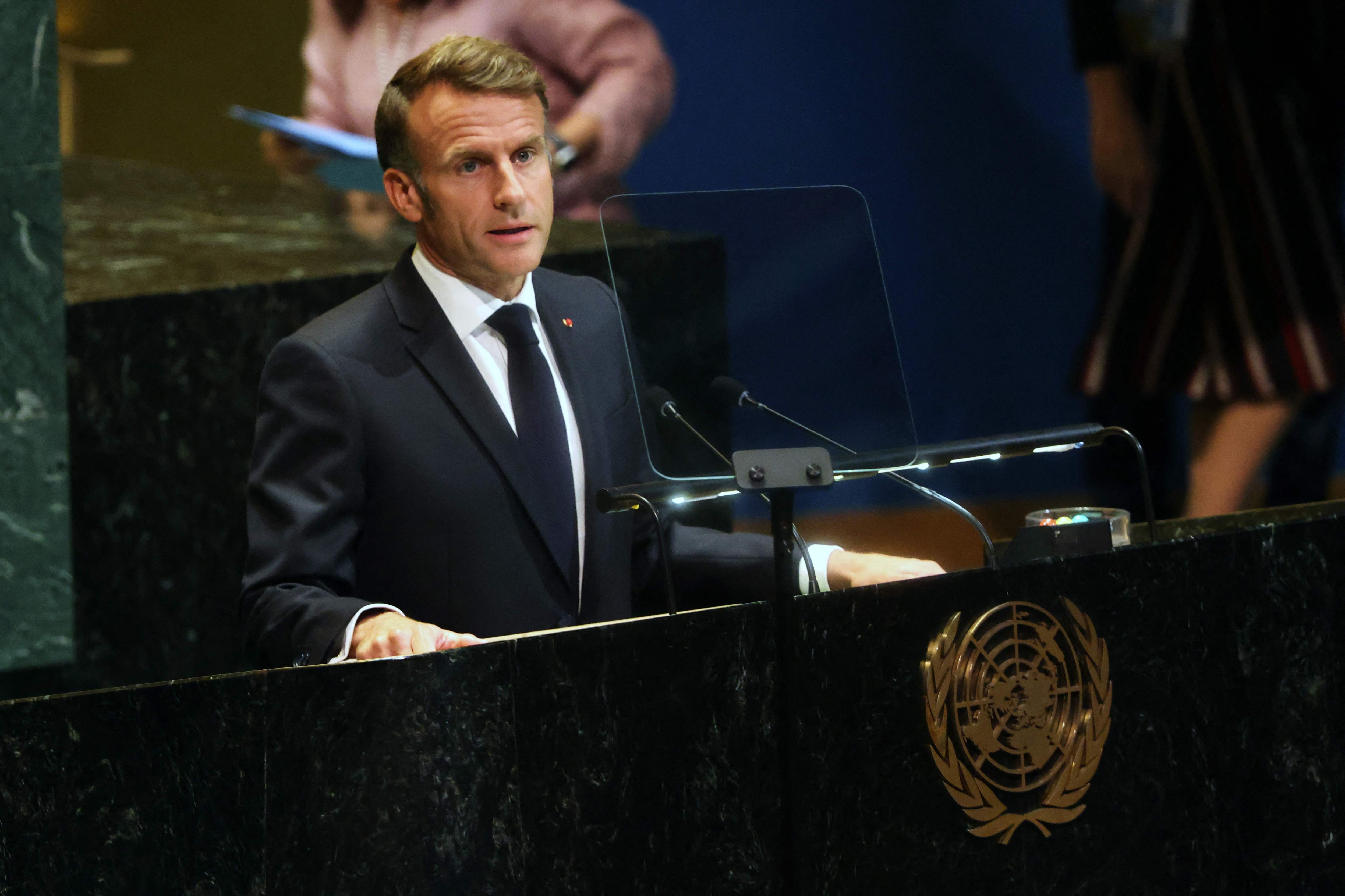 French President Emmanuel Macron speaks at a United Nations (UN) General Assembly where he announced the formal recognition of the state of Palestine.(Getty Images via AFP)