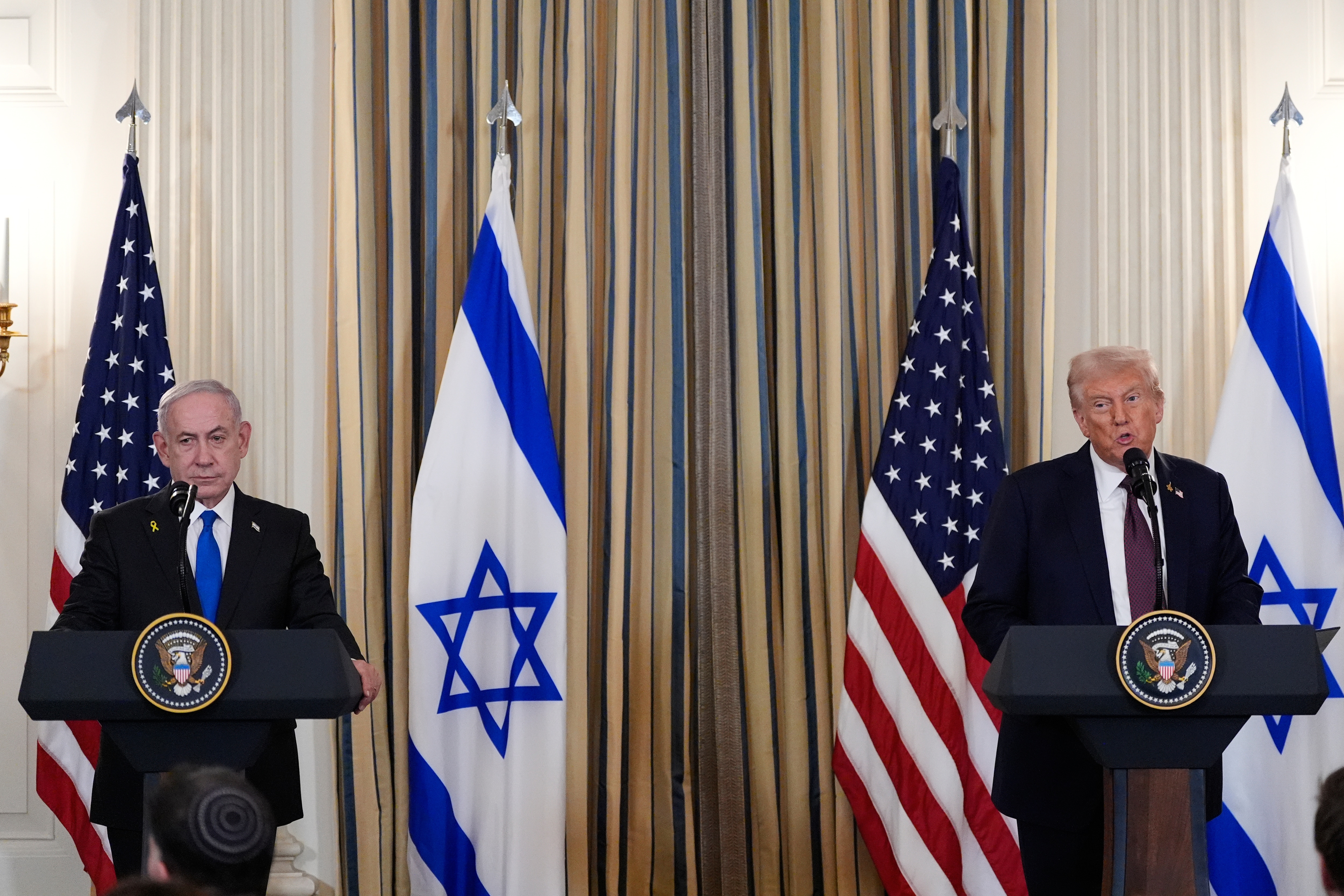 US President Donald Trump speaks during a news conference with Israel's Prime Minister Benjamin Netanyahu to announce the Gaza peace plan(AP)