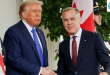 ‘I wore red for you’ says Carney to Trump as he visits US for trade talks | Video